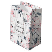 Pink & Grey Floral Waterverf Pattern Birthday Medium Cadeauzakje (Achterkant Gekanteld)