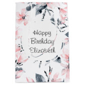 Pink & Grey Floral Waterverf Pattern Birthday Medium Cadeauzakje (Voorkant)