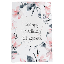 Pink & Grey Floral Waterverf Pattern Birthday Medium Cadeauzakje