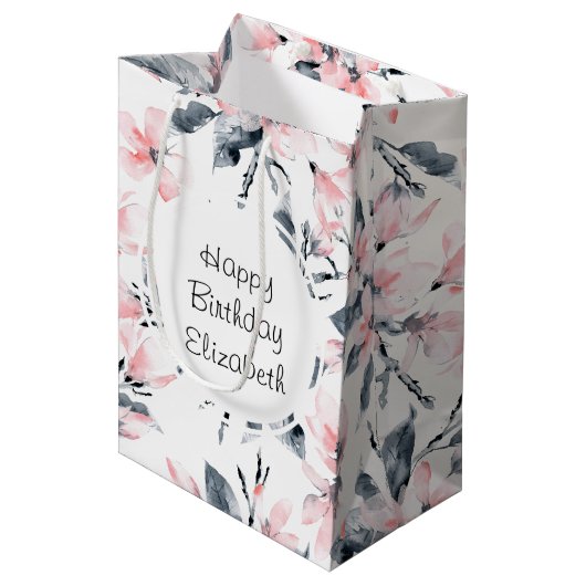 Pink & Grey Floral Waterverf Pattern Birthday Medium Cadeauzakje (Voorkant Gekanteld)