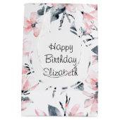 Pink & Grey Floral Waterverf Pattern Birthday Medium Cadeauzakje (Achterkant)