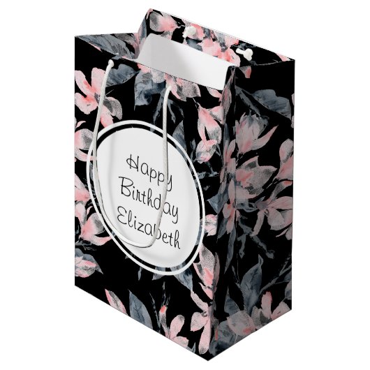 Pink & Grey Floral Waterverf Pattern Birthday Medium Cadeauzakje (Voorkant Gekanteld)