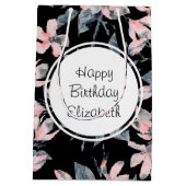 Pink & Grey Floral Waterverf Pattern Birthday Medium Cadeauzakje (Achterkant)