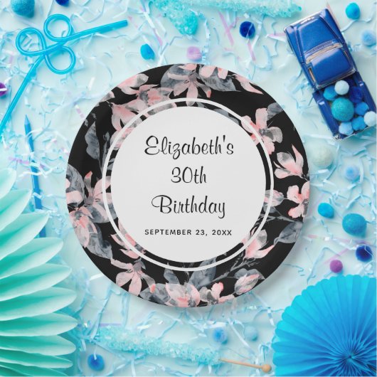 Pink & Grey Floral Waterverf Pattern Birthday Papieren Bordje (Feest)