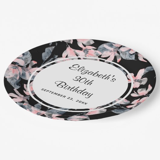 Pink & Grey Floral Waterverf Pattern Birthday Papieren Bordje (Gekanteld)