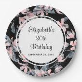 Pink & Grey Floral Waterverf Pattern Birthday Papieren Bordje (Voorkant)