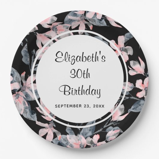 Pink & Grey Floral Waterverf Pattern Birthday Papieren Bordje (Voorkant)