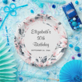 Pink & Grey Floral Waterverf Pattern Birthday Papieren Bordje (Feest)