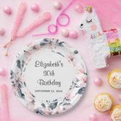 Pink & Grey Floral Waterverf Pattern Birthday Papieren Bordje (Feest)