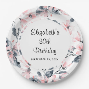 Pink & Grey Floral Waterverf Pattern Birthday Papieren Bordje