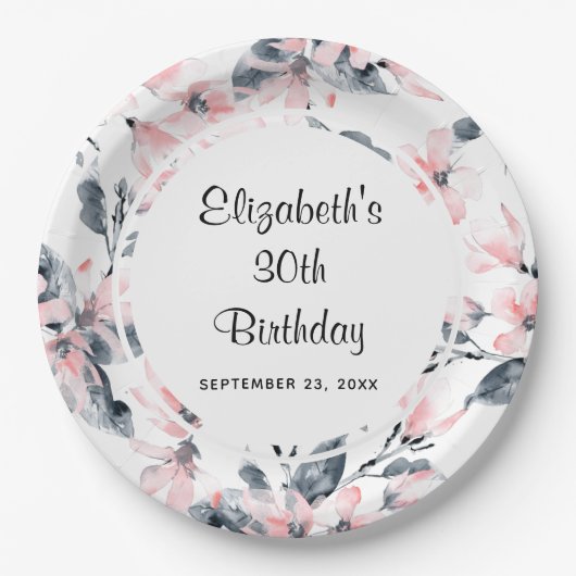 Pink & Grey Floral Waterverf Pattern Birthday Papieren Bordje (Voorkant)