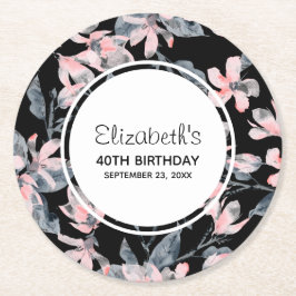 Pink & Grey Floral Waterverf Pattern Birthday Ronde Kartonnen Onderzetter