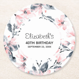 Pink & Grey Floral Waterverf Pattern Birthday Ronde Kartonnen Onderzetter