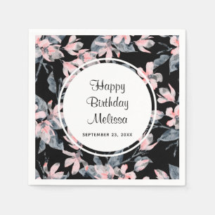 Pink & Grey Floral Waterverf Pattern Birthday Servet