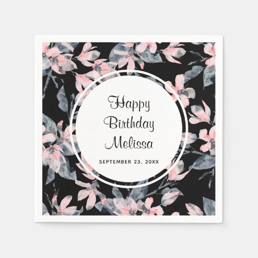 Pink & Grey Floral Waterverf Pattern Birthday Servet (Voorkant)
