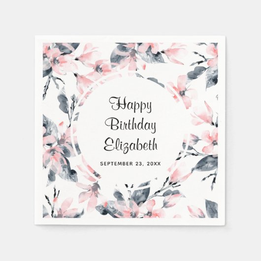 Pink & Grey Floral Waterverf Pattern Birthday Servet (Voorkant)