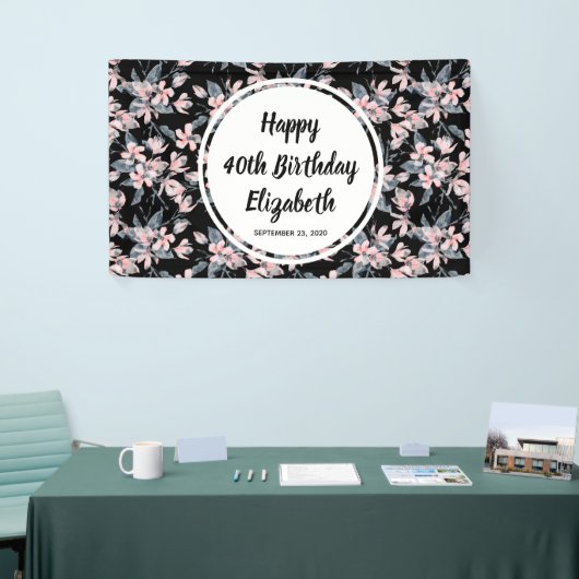 Pink & Grey Floral Waterverf Pattern Birthday Spandoek (Beurs)