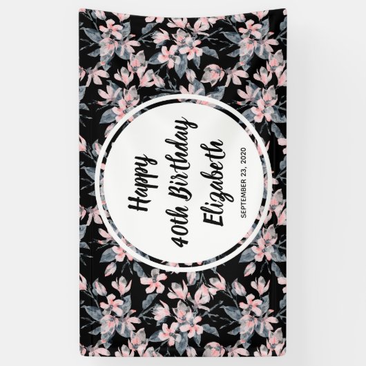 Pink & Grey Floral Waterverf Pattern Birthday Spandoek (Verticaal)