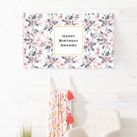 Pink & Grey Floral Waterverf Pattern Birthday Spandoek (Insitu)