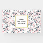 Pink & Grey Floral Waterverf Pattern Birthday Spandoek (Horizontaal)