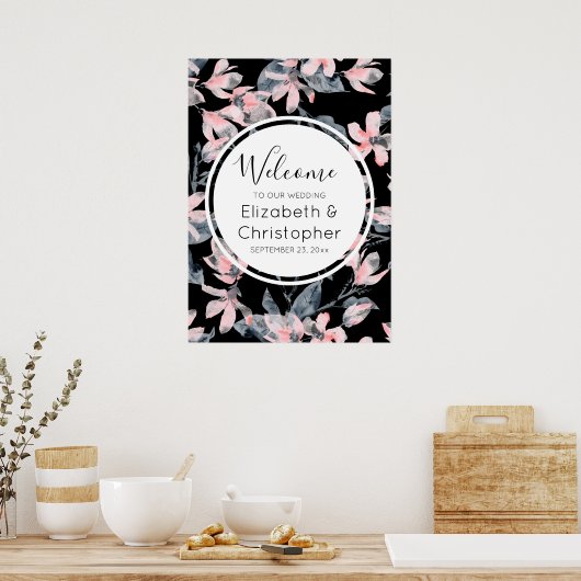 Pink & Grey Floral Waterverf Pattern Weddenschap Poster (Keuken)