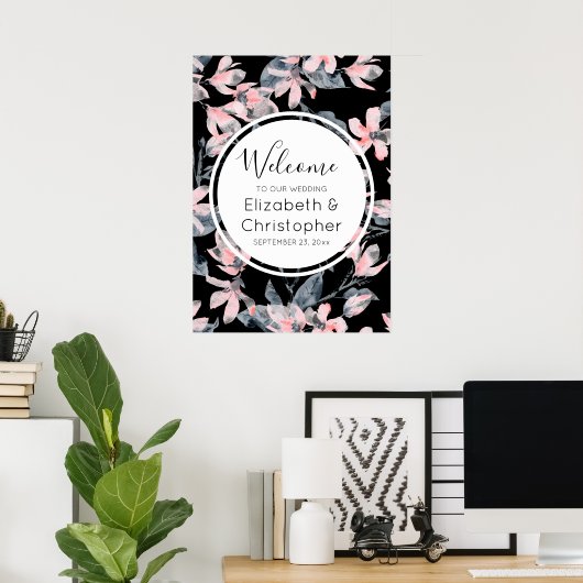 Pink & Grey Floral Waterverf Pattern Weddenschap Poster (Thuiskantoor)