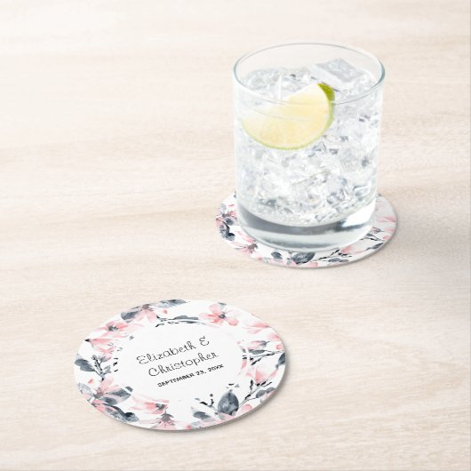 Pink & Grey Floral Waterverf Pattern Weddenschap Ronde Kartonnen Onderzetter (Insitu)