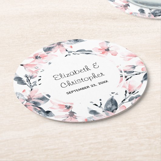Pink & Grey Floral Waterverf Pattern Weddenschap Ronde Kartonnen Onderzetter (Gebogen)