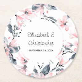 Pink & Grey Floral Waterverf Pattern Weddenschap Ronde Kartonnen Onderzetter
