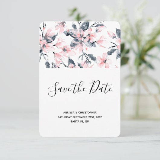 Pink & Grey Floral Waterverf Pattern Weddenschap Save The Date (Staand voorkant)