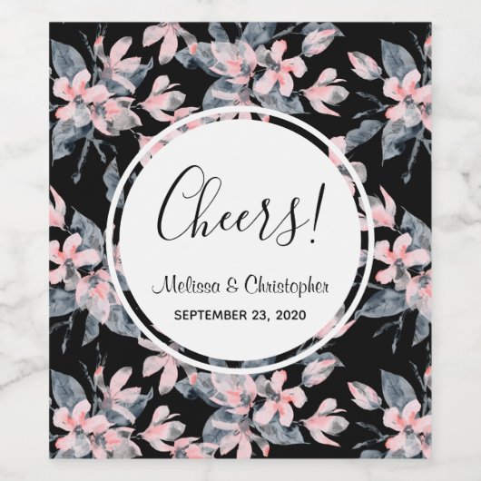 Pink & Grey Floral Waterverf Pattern Weddenschap Wijn Etiket (Enkel label)