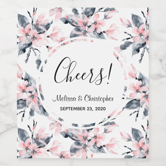Pink & Grey Floral Waterverf Pattern Weddenschap Wijn Etiket (Enkel label)
