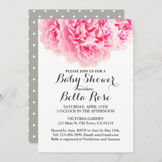 Pink Grey Peony Baby shower Invites Kaart (Voorkant / Achterkant)
