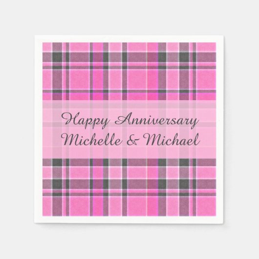 Pink Grey Plaid Tartan | Jouw naam toevoegen Servet (Voorkant)