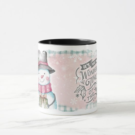 Pink Grey Snowflake Snowman Holiday Mok (Midden)