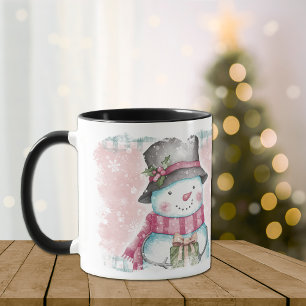Pink Grey Snowflake Snowman Holiday Mok