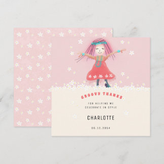Pink Groovy Girl Boho Cute Floral Birthday Party Bedankkaart