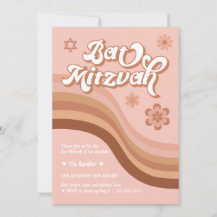 Pink Groovy Retro Bat Mitzvah Uitnodiging