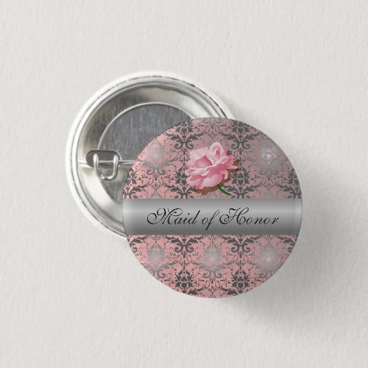 Pink Grunge Damask Maid of Honor Button (Voorkant /achterkant)