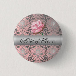 Pink Grunge Damask Maid of Honor Button
