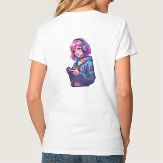 Pink Hair Gamer Girl Neon Art T-shirt (Achterkant)