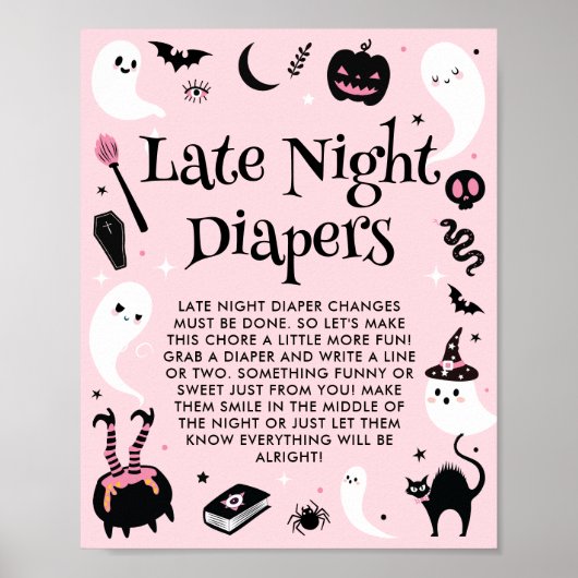 Pink Halloween Baby Shower Late Night Diapers Poster (Voorkant)