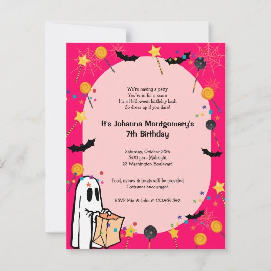 Pink Halloween Birthday Costume Party Invitation Kaart (Voorkant)