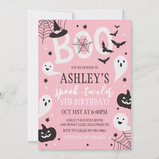 Pink Halloween Birthday Invitation Kaart (Voorkant)
