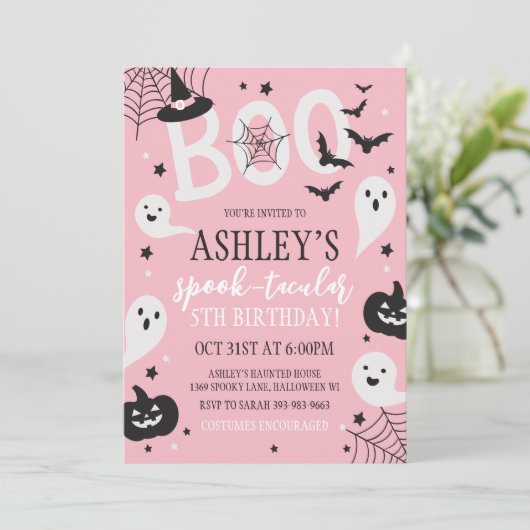 Pink Halloween Birthday Invitation Kaart (Staand voorkant)