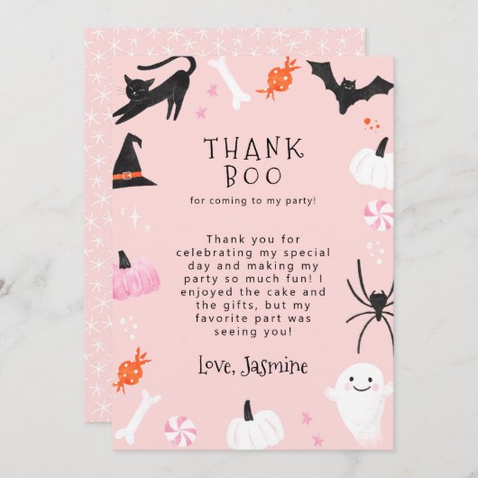 Pink Halloween Birthday Party Dank Boo Bedankkaart (Voorkant / Achterkant)