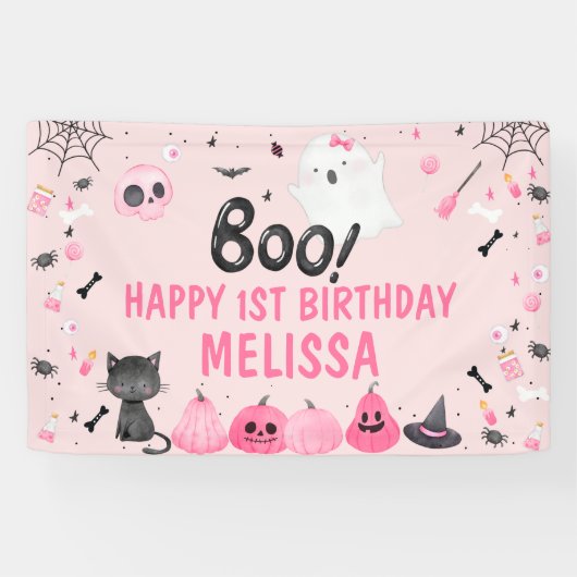 Pink Halloween Boo Ghost Happy Birthday Banner (Horizontaal)