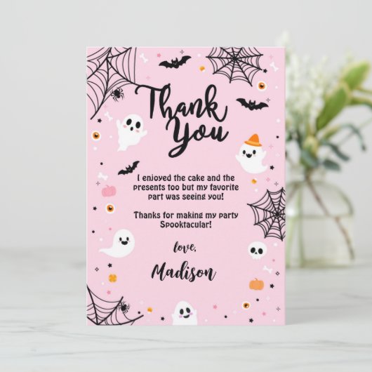 Pink Halloween Cute Ghost Bedankkaart (Staand voorkant)