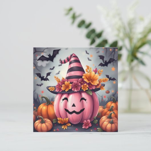 Pink Halloween Pumpkin & Coloring Page Personalize Kaart (Staand voorkant)