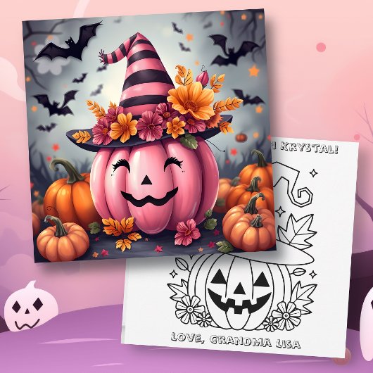 Pink Halloween Pumpkin & Coloring Page Personalize Kaart